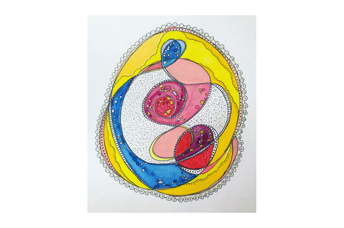 abstract painting in blue, yellow, and red, mimicking the shape of a human cell