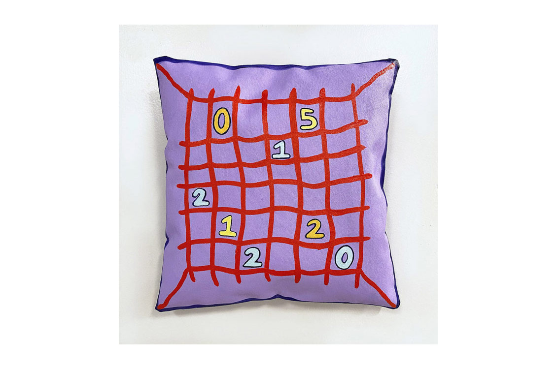 oil painting on throw pillow with a red grid and numbers in different cells