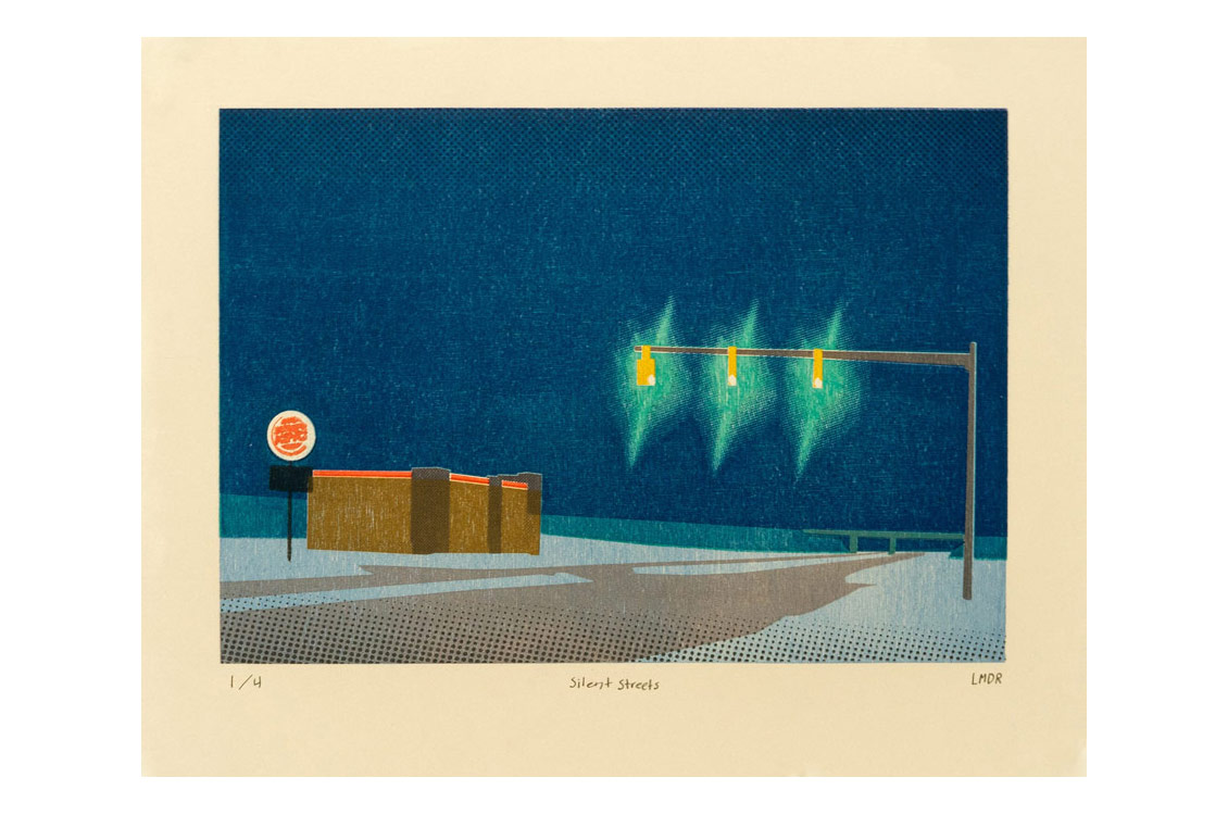 painting of an empty street at night with stoplights