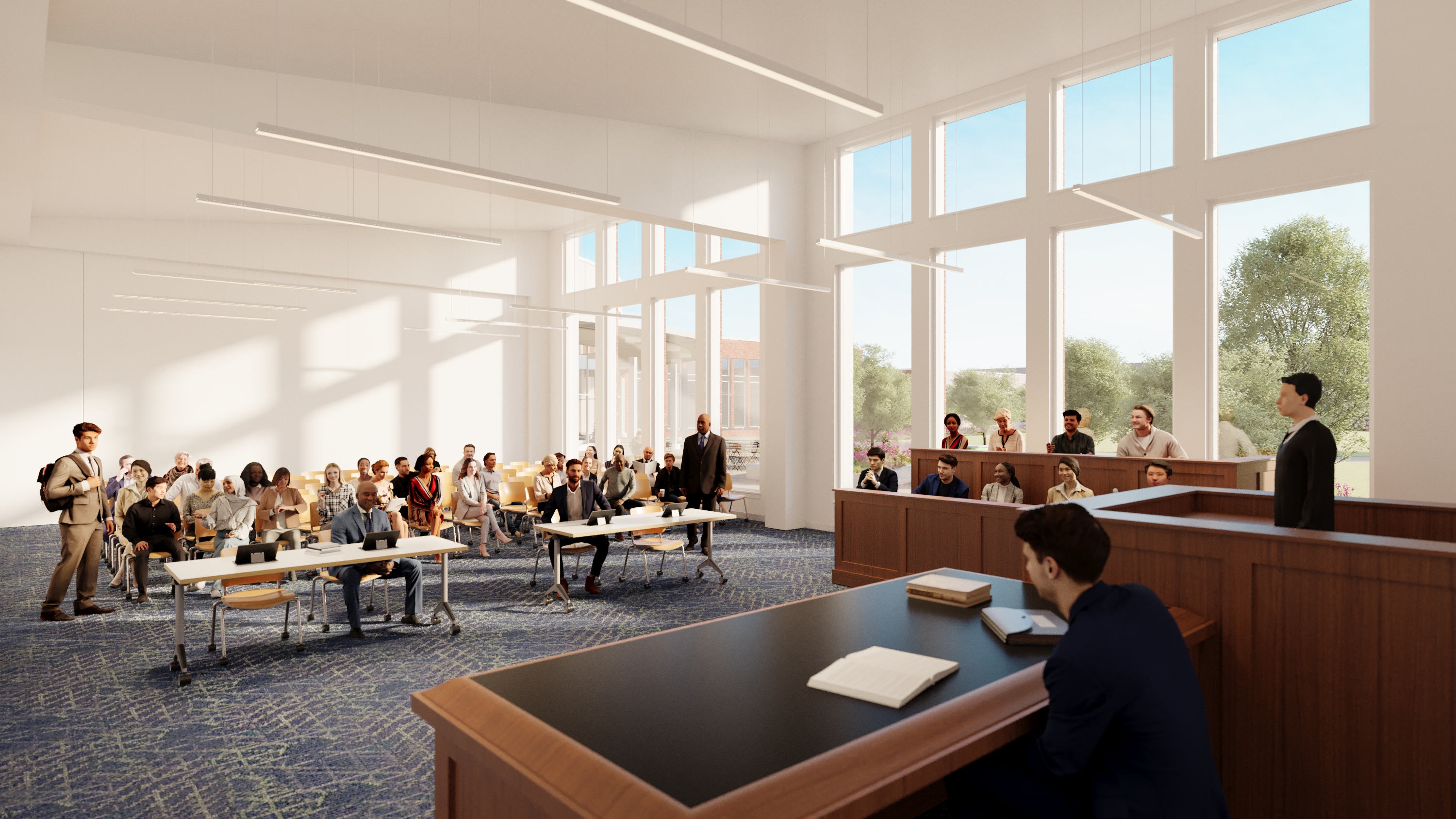 Moot Courtroom rendering showing a jury, judge bench, witness stand and audience