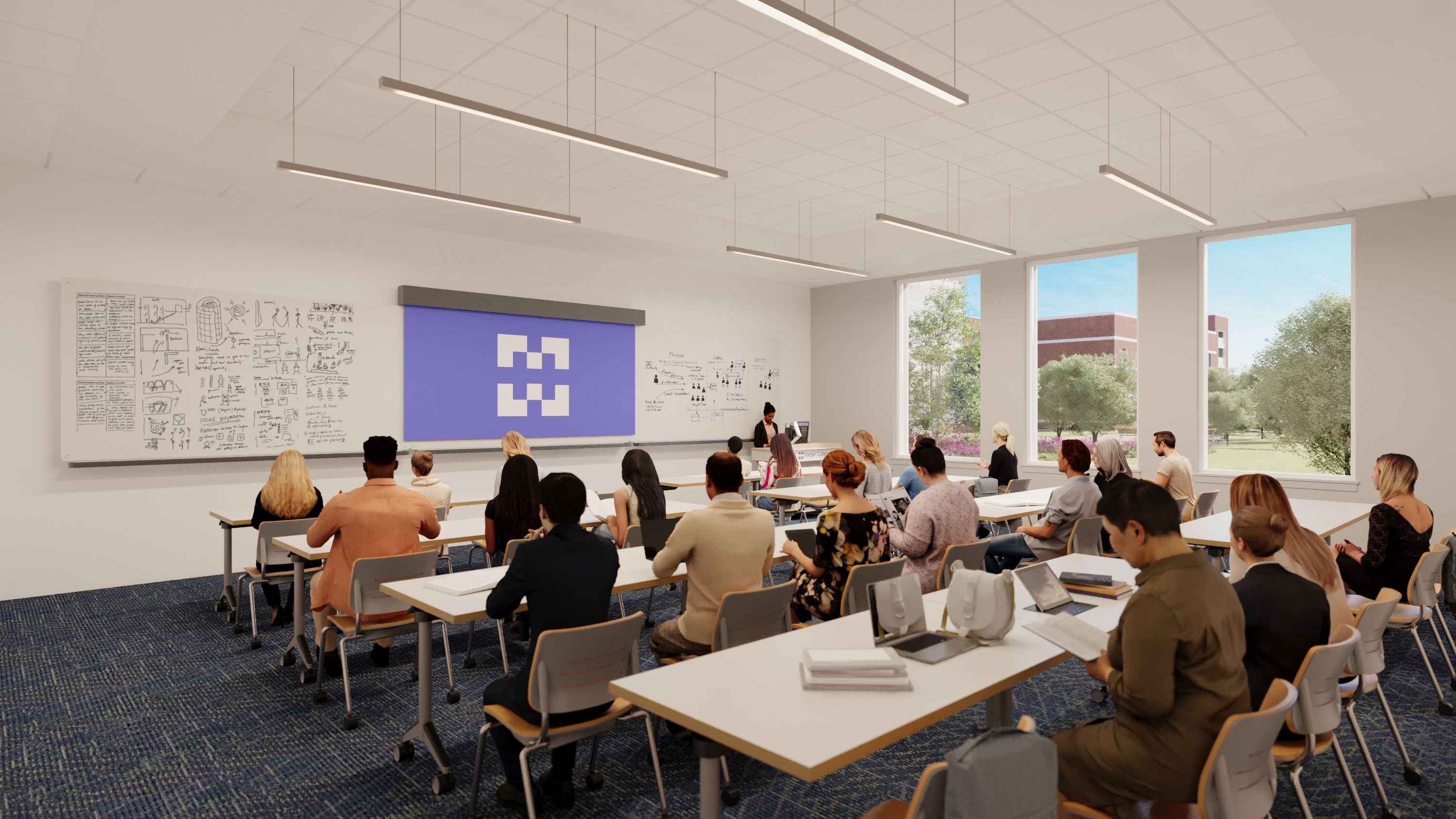 Building I classroom rendering with students seated at tables working