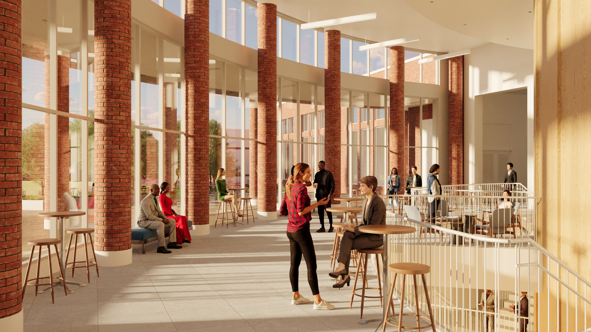 Pre-function space rendering for Building I, showing an open space with hightop tables and windows