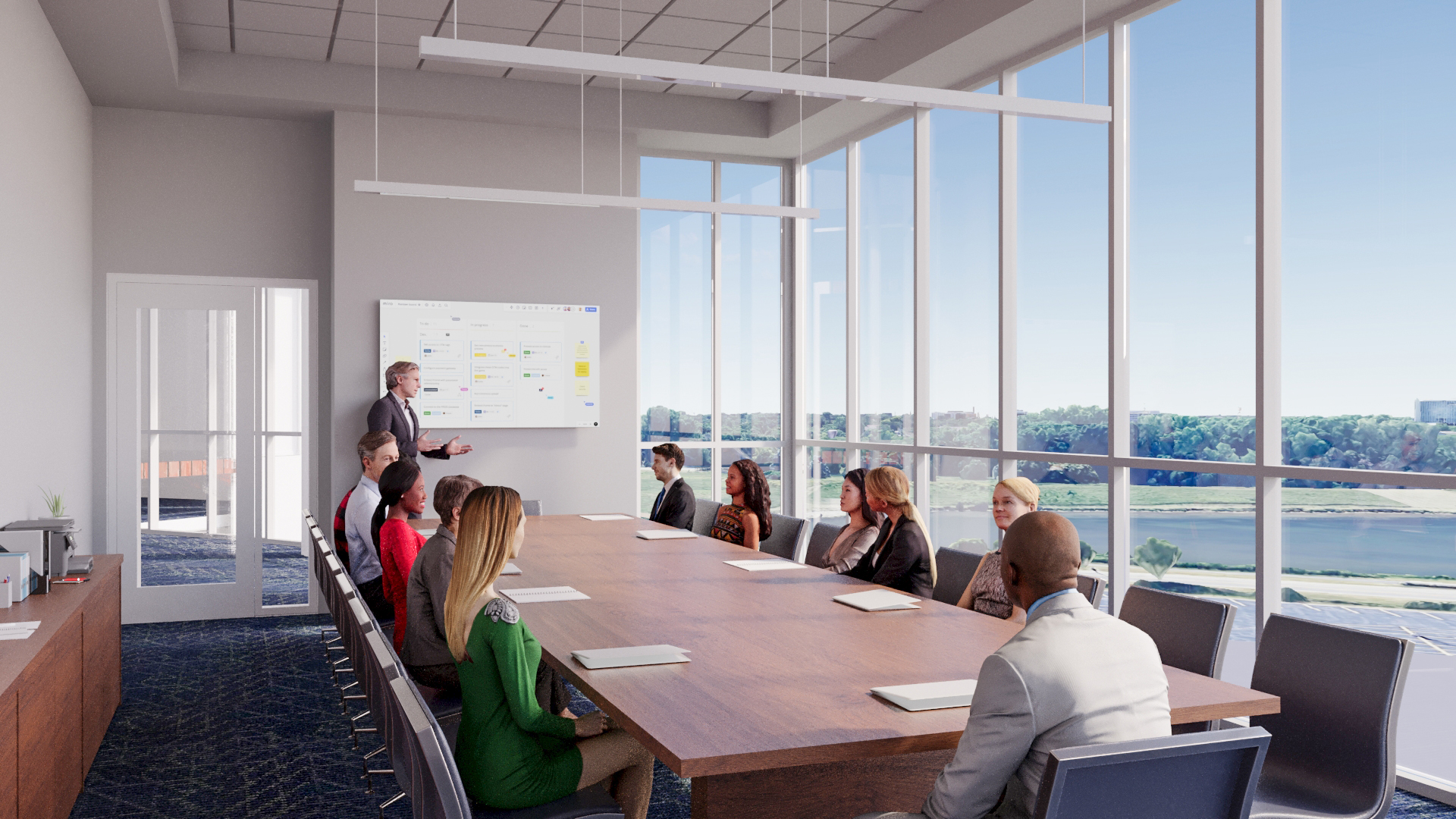 Building I conference room rendering showing a long table and bank of windows