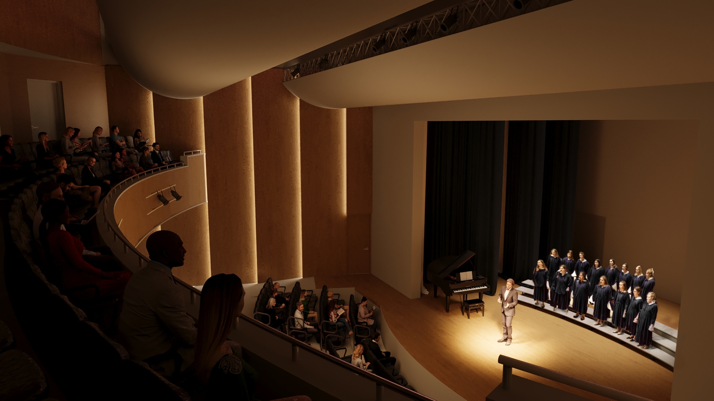 Performance theatre rendering, showing a stage and two-tiered audience seating