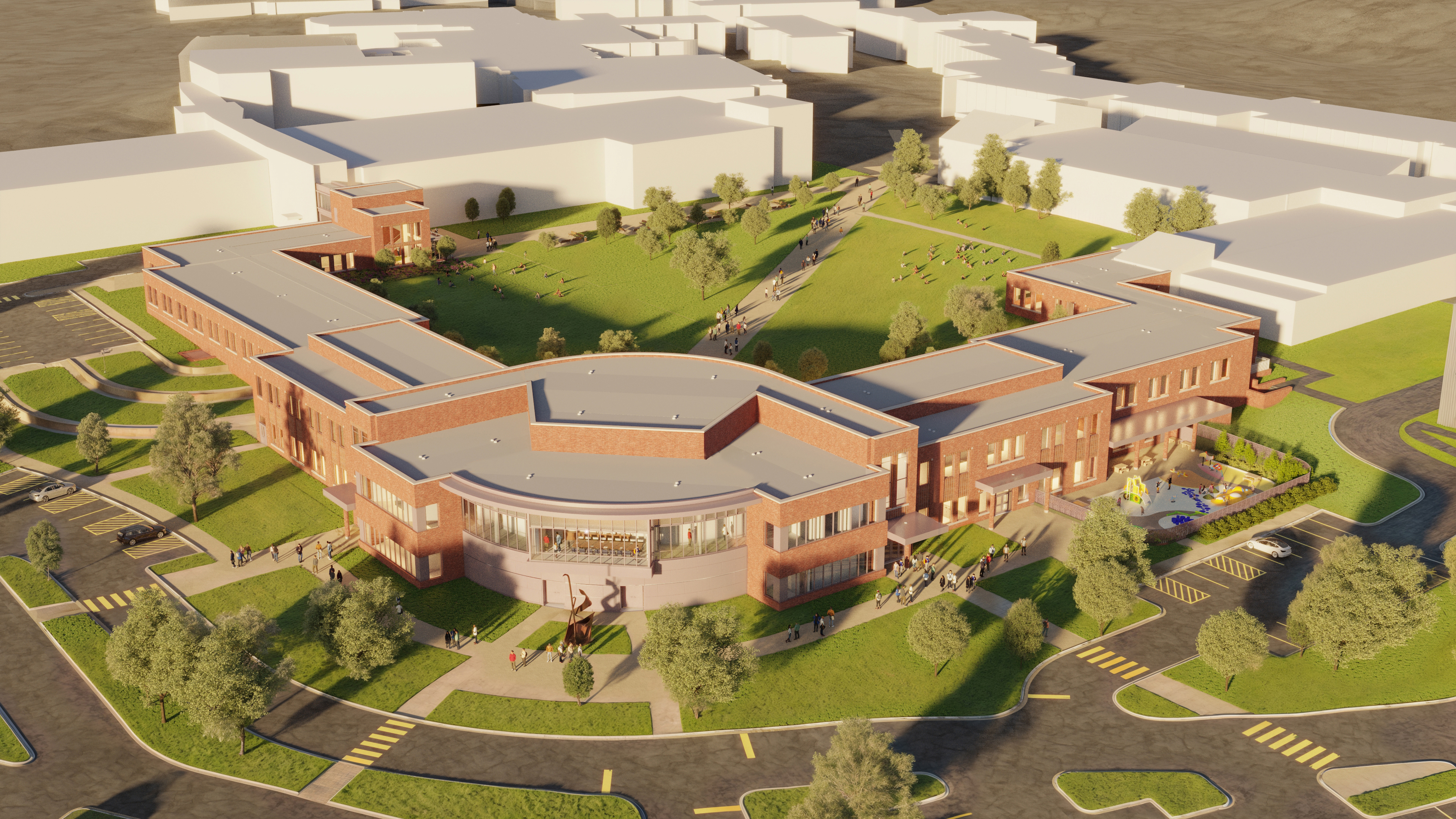 Business and Social Sciences Building aerial exterior rendering facing the front of the building. Shows an L shaped building with a main section and two wings.