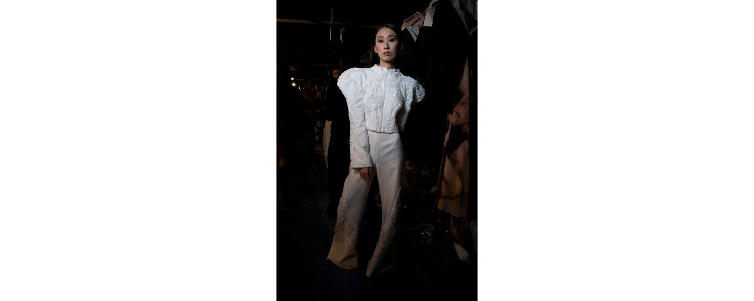 Katsiaryna Piatsevich white jacket and pants backstage in Rome