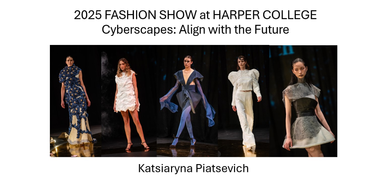 Model wearing a Harper College Fashion Studies student design on the runway at the Harper College Fashion Show.