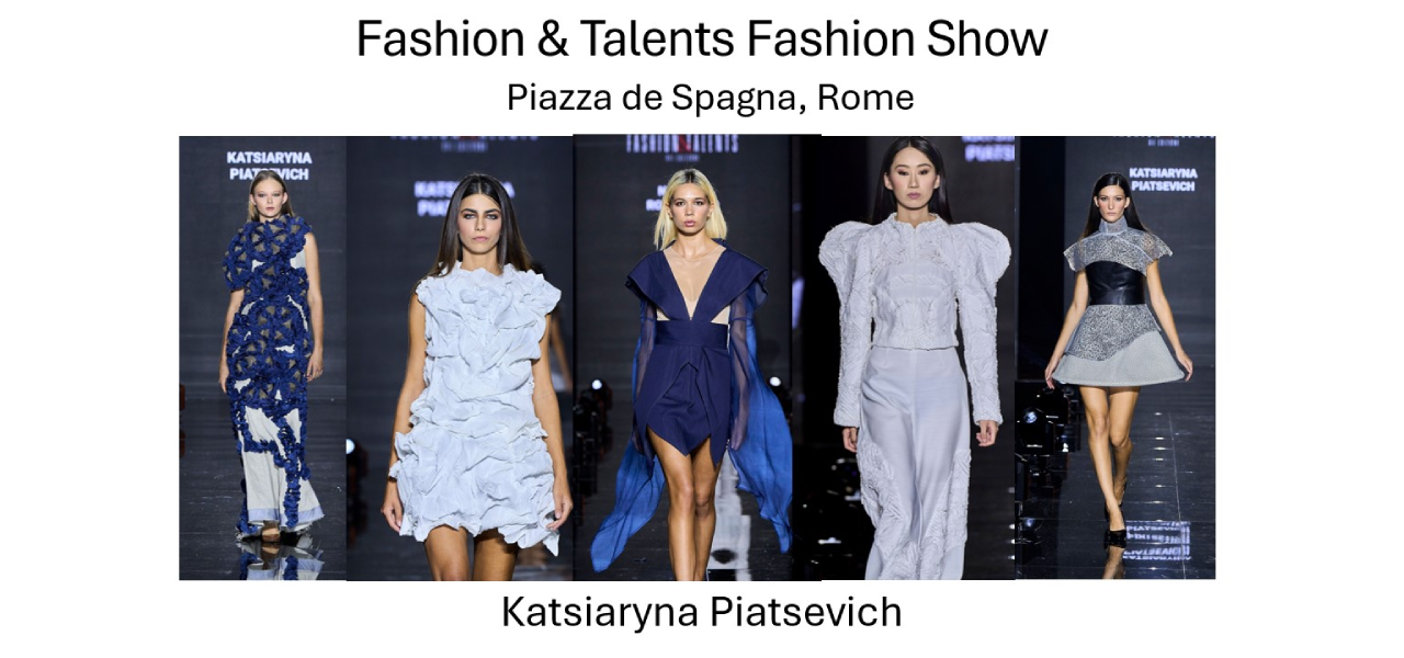 Model wearing a Harper College Fashion Studies student design on the runway at the Fashion & Talents show in Rome.