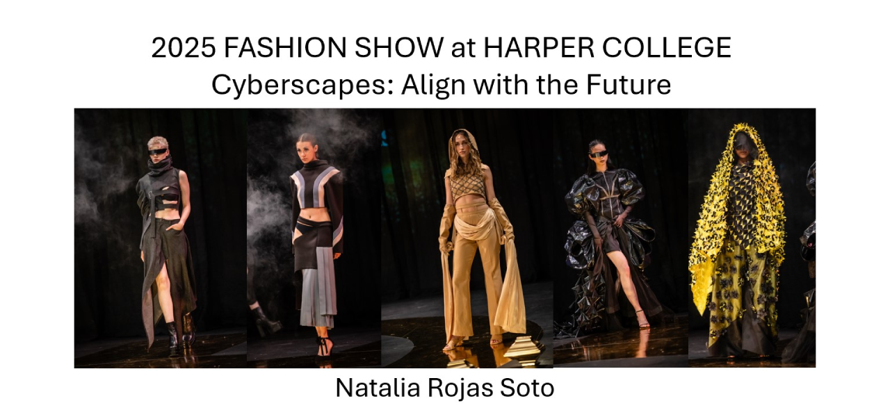 Model wearing a Harper College Fashion Studies student design on the runway at the Harper College Fashion Show.