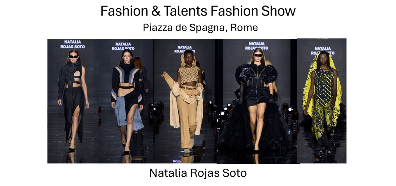 Model wearing a Harper College Fashion Studies student design on the runway at the Fashion & Talents show in Rome.
