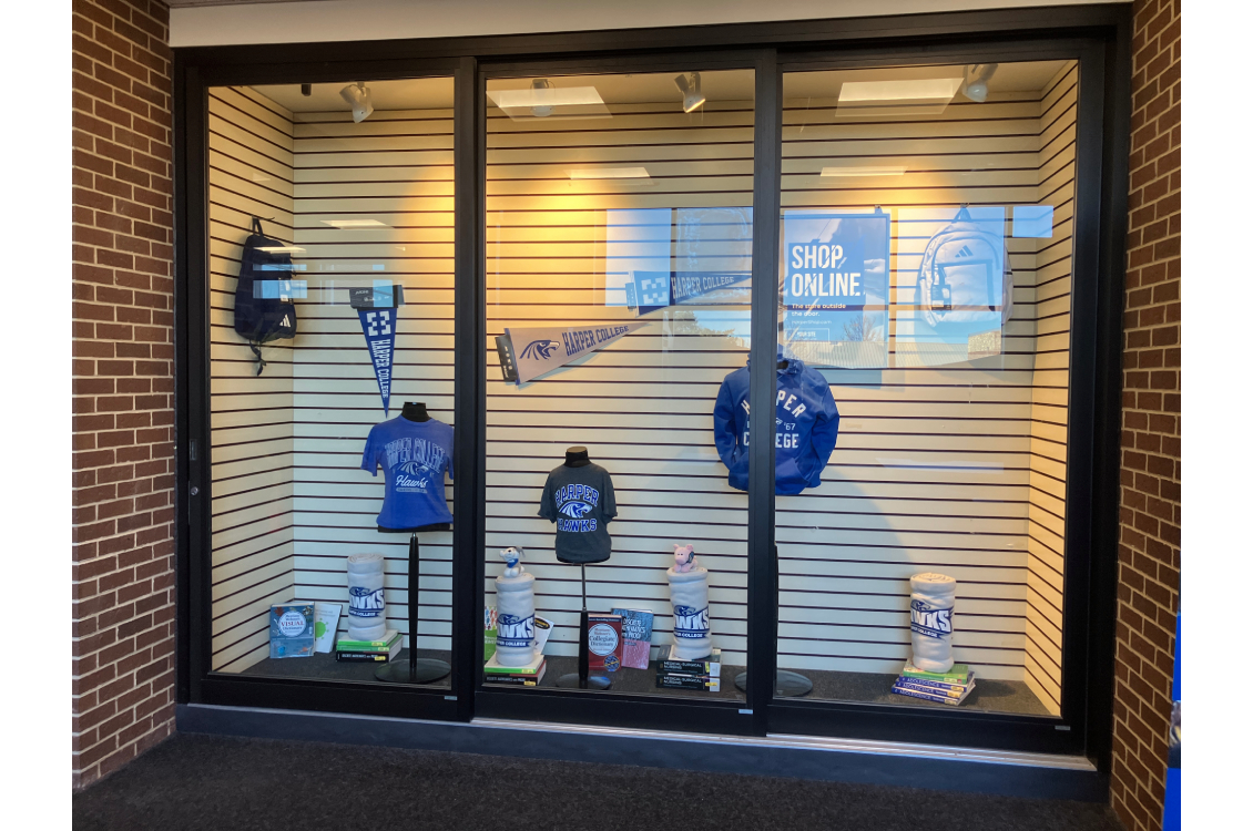 The Bookstore display window before the Harper's Bizarre Fashion Club refresh, with three mannequins wearing Harper merchandise