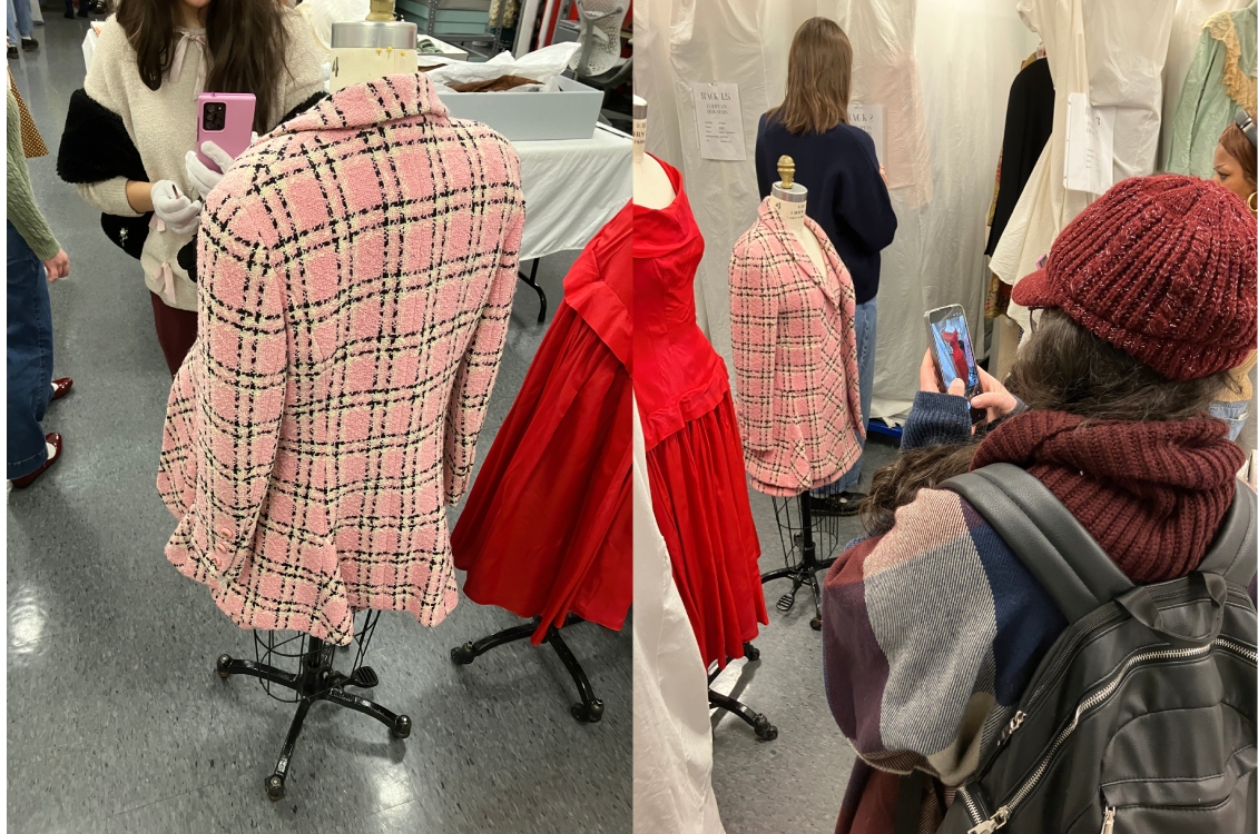 Pink, cream and black plaid dress and jacket by Chanel.