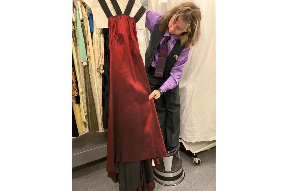 Elegant deep crimson evening gown.