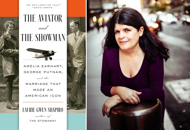 The cover of the book "The Aviator and the Showman" is shown next to a photo of Laurie Gwen Shapiro