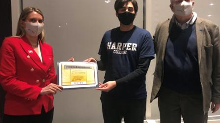 Left to right, ICCTA Secretary Maureen Dunne, Harper College student David Santafe-Zambrano and Harper Trustee Bill Kelley