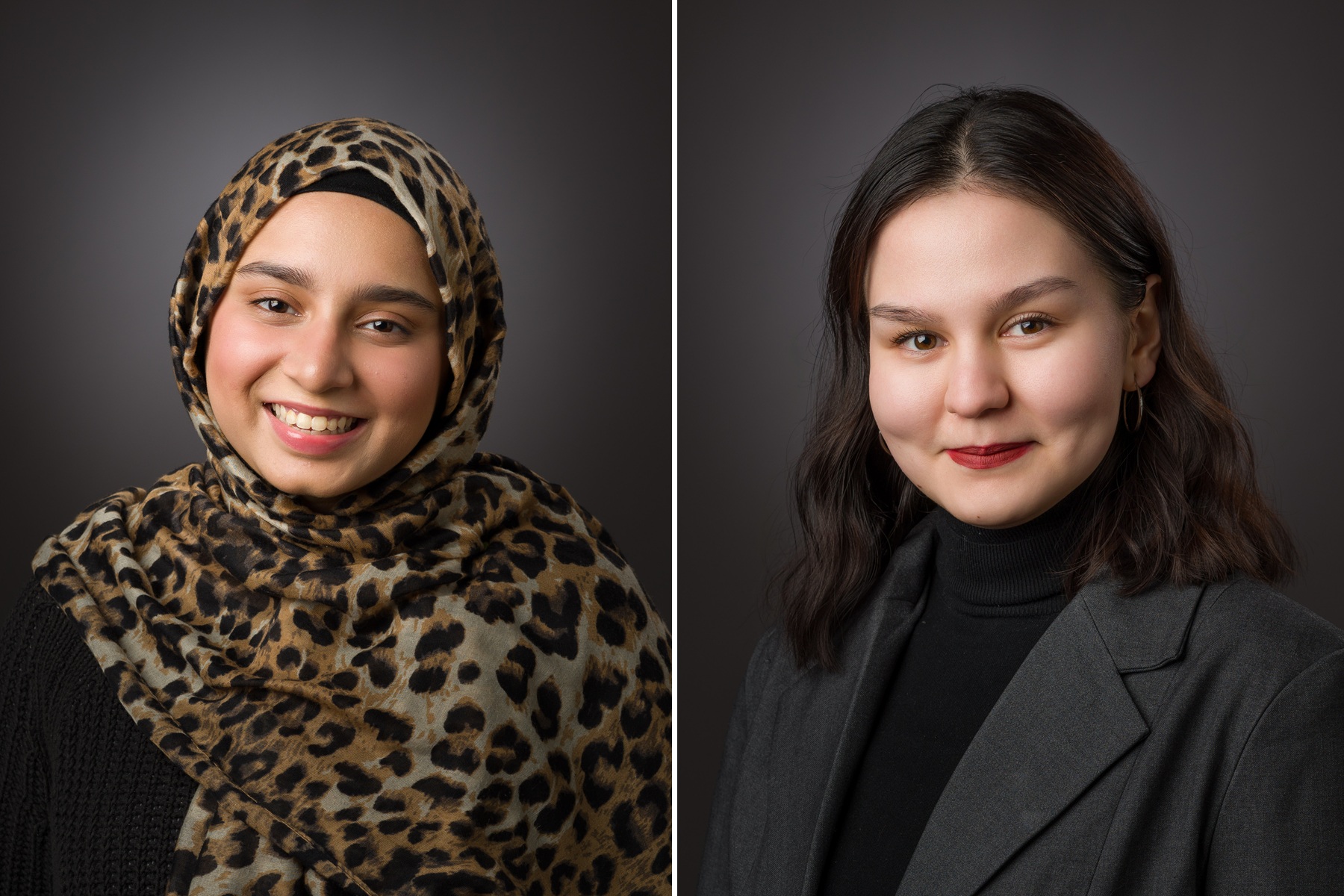 Portraits are shown of Harper students appearing in 'Dirty Turk': Manaal Khan and Zeynep Atayeva.