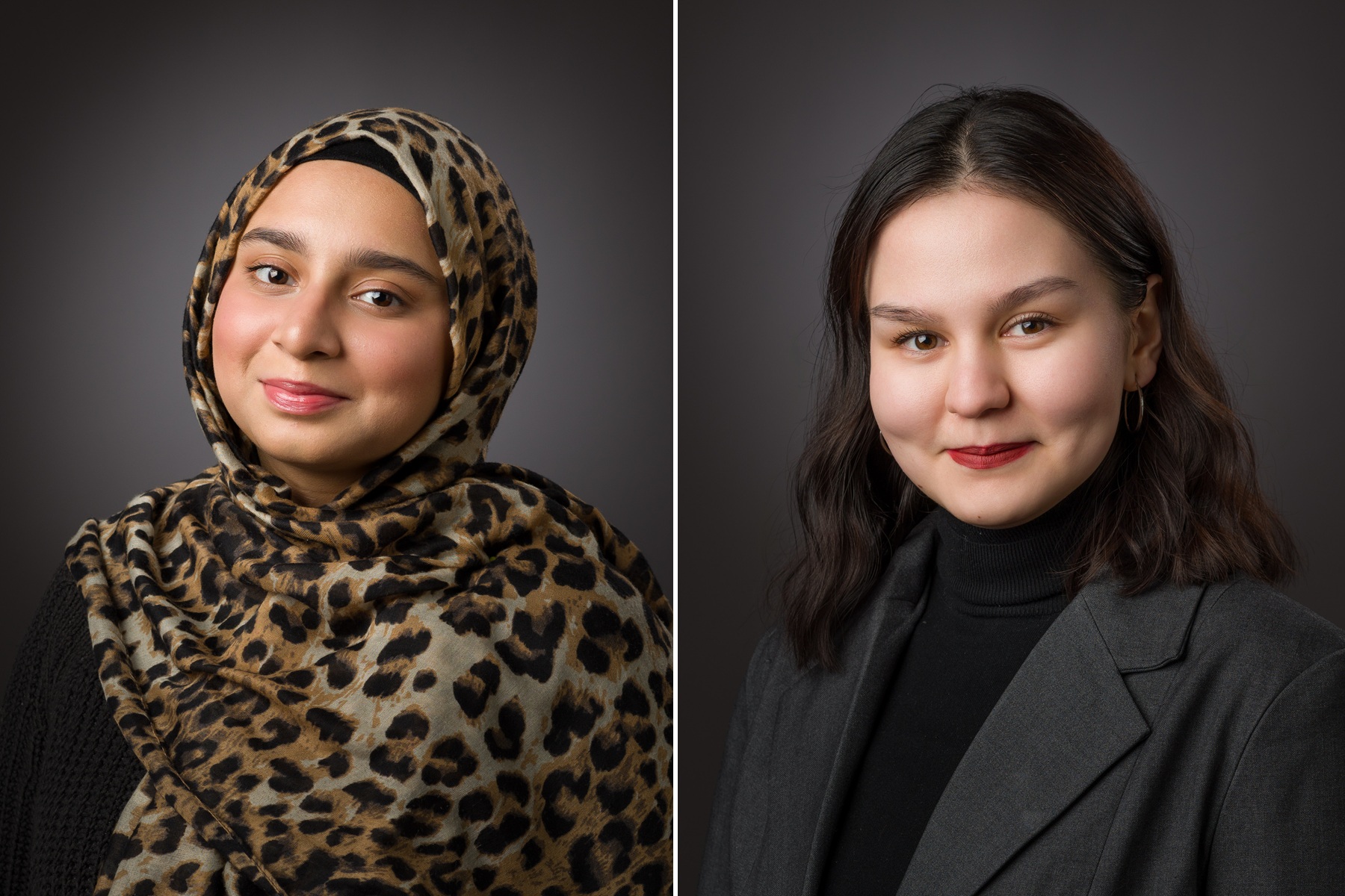 Portraits are shown of Harper students appearing in 'Dirty Turk': Manaal Khan and Zeynep Atayeva.