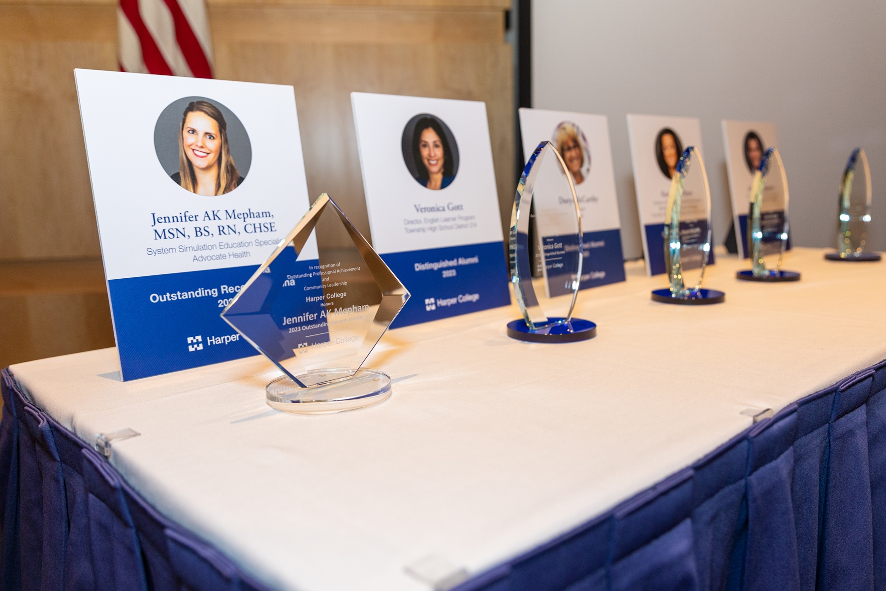 The Harper College Distinguished Alumni Awards are pictured on a table