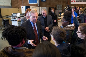 U.S. Senator Dick Durbin tours Harper College's advanced manufacturing lab and speaks with elementary students who were on campus for a tour