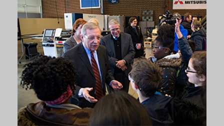 U.S. Senator Dick Durbin tours Harper College's advanced manufacturing lab and speaks with elementary students who were on campus for a tour