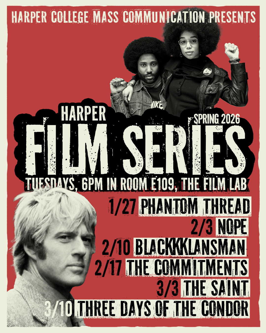 A poster shows Robert Redford, Daniel Day-Lewis and John David Washington to promote Harper College's Film Series.