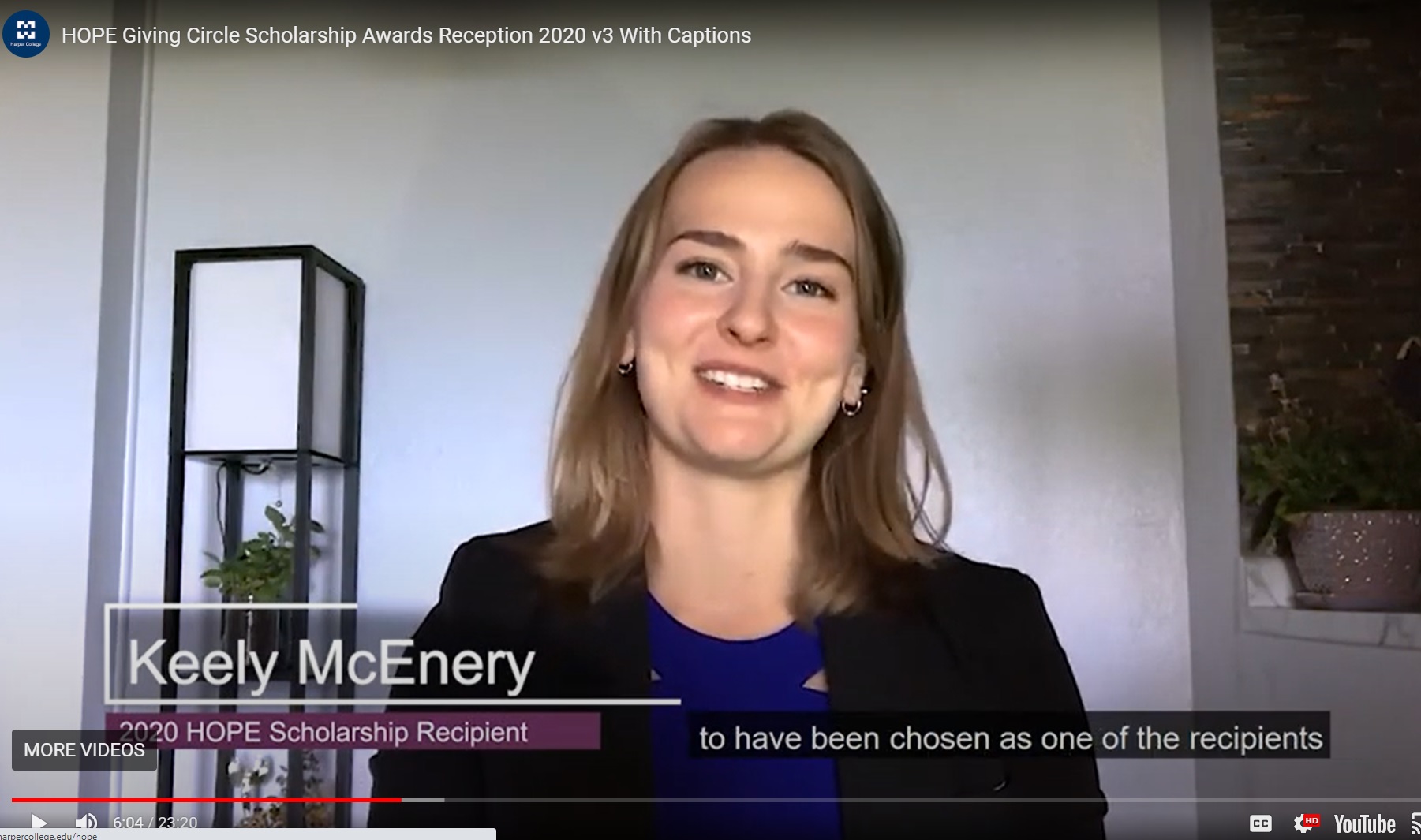 Screenshot of recipient Keely McEnery talking during virtual reception