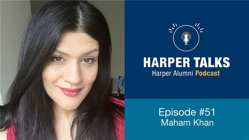The Harper Talks logo is featured with a photo of instructor Maham Khan