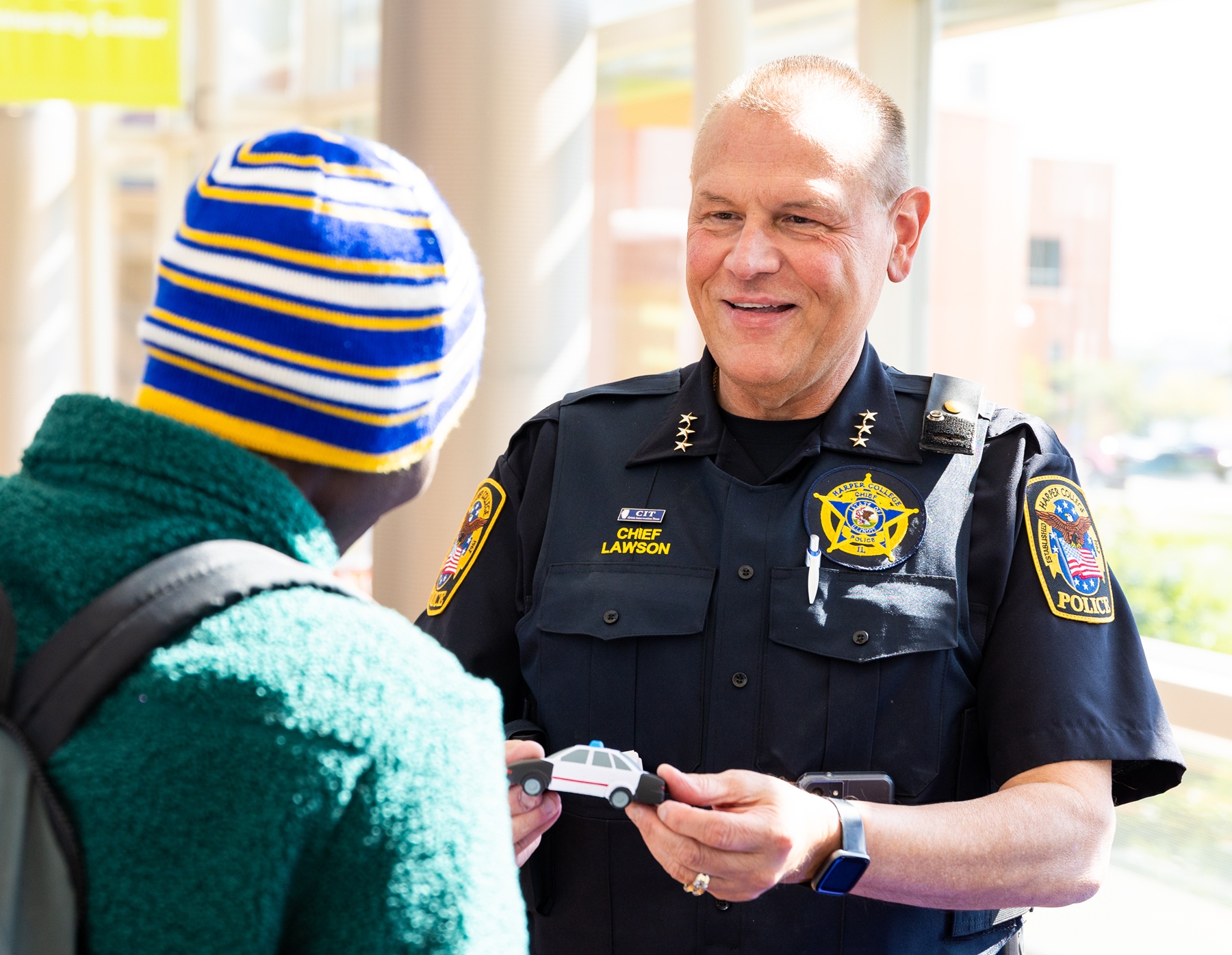 Harper College Police Chief John Lawson interacts with community members