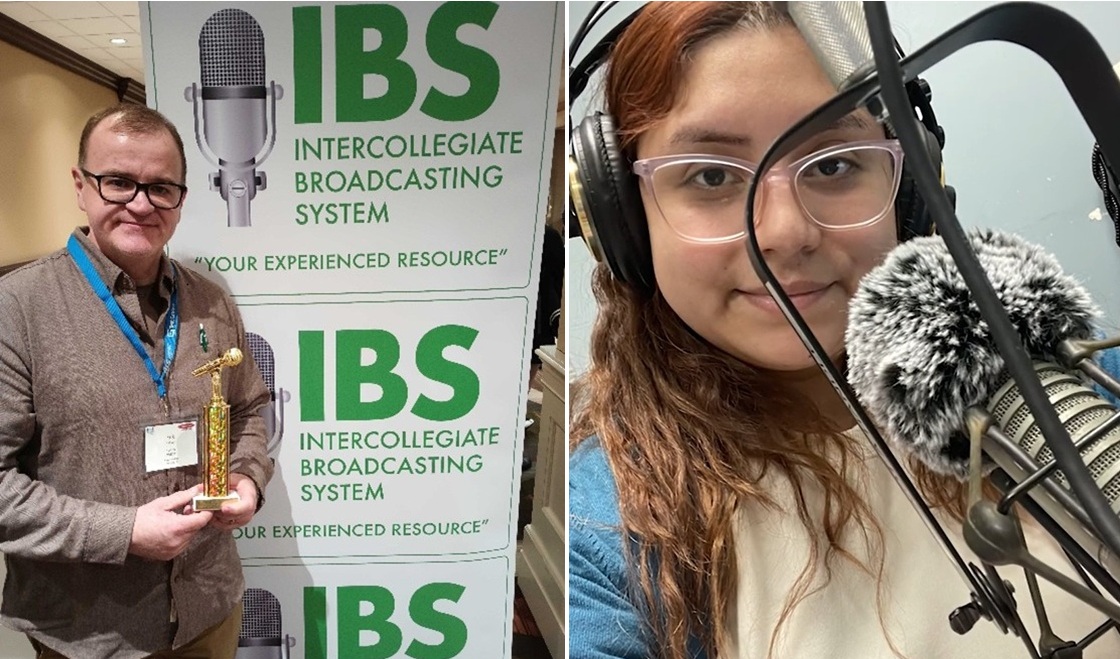 Harper adjunct faculty Erik Hanson poses with his IBS award and Harper student Yari Lopez is seen with a broadcast microphone