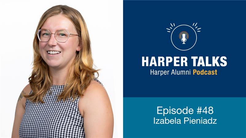 Harper Talks logo featuring a photo of Izabela Pieniadz