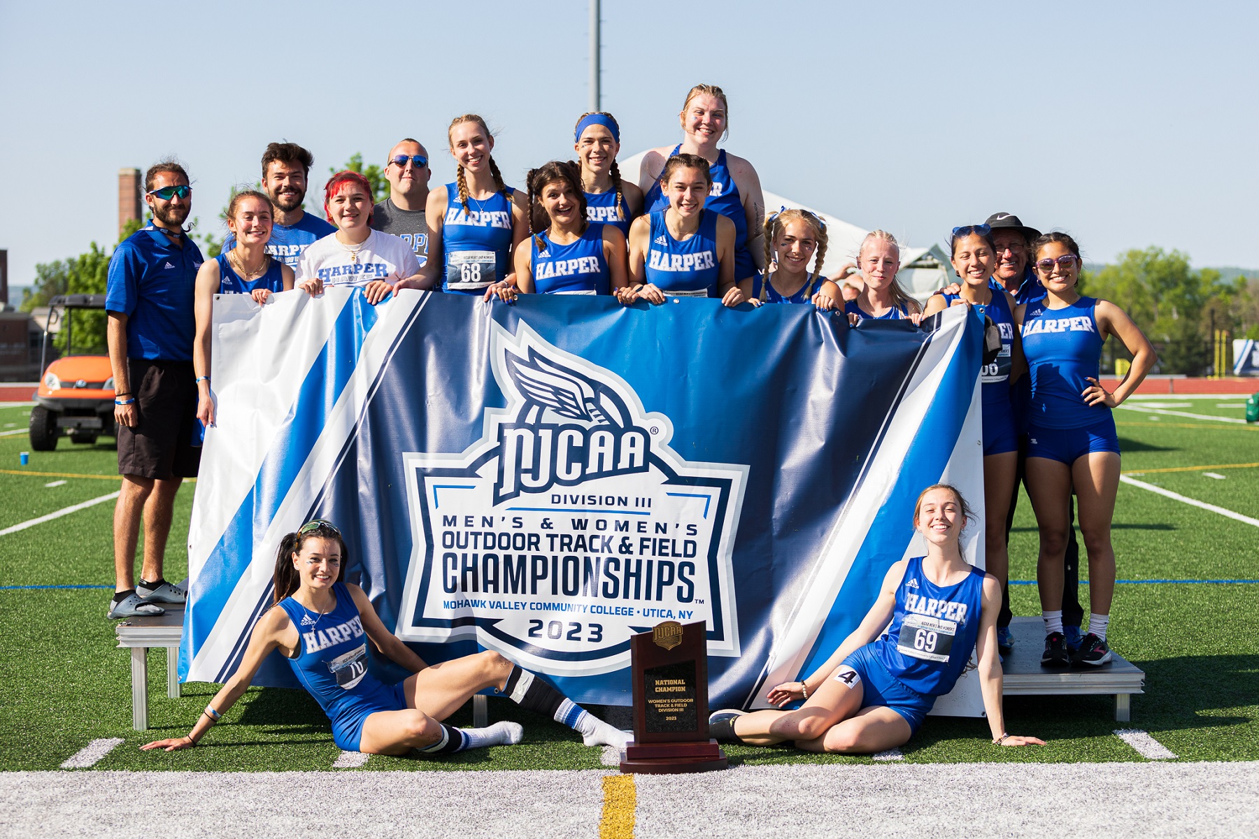 Harper Women's Track and Field Team celebrates winning the 2023 NJCAA Division III National Championship.