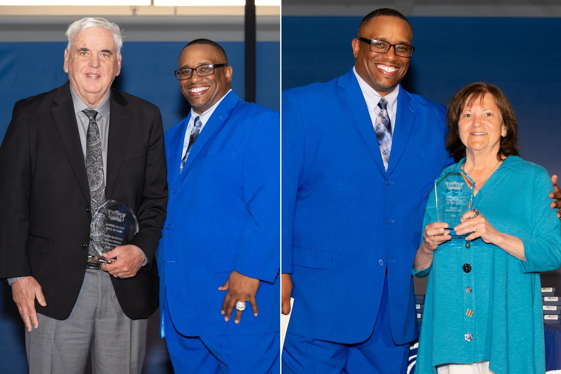 In a split image former athletics administrator and coach Roger Bechtold and coach Renee Zellner stand with Dr. Cedric Brown.
