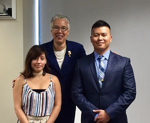 Ilce Perez, left, with Toni Preckwinkle and another essay winner