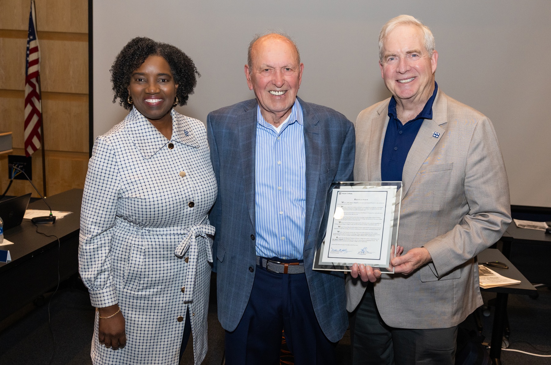 Dr. Avis Proctor, Harper president, stands with founding Trustee James Hamill and current Board Chair Bill Kelley