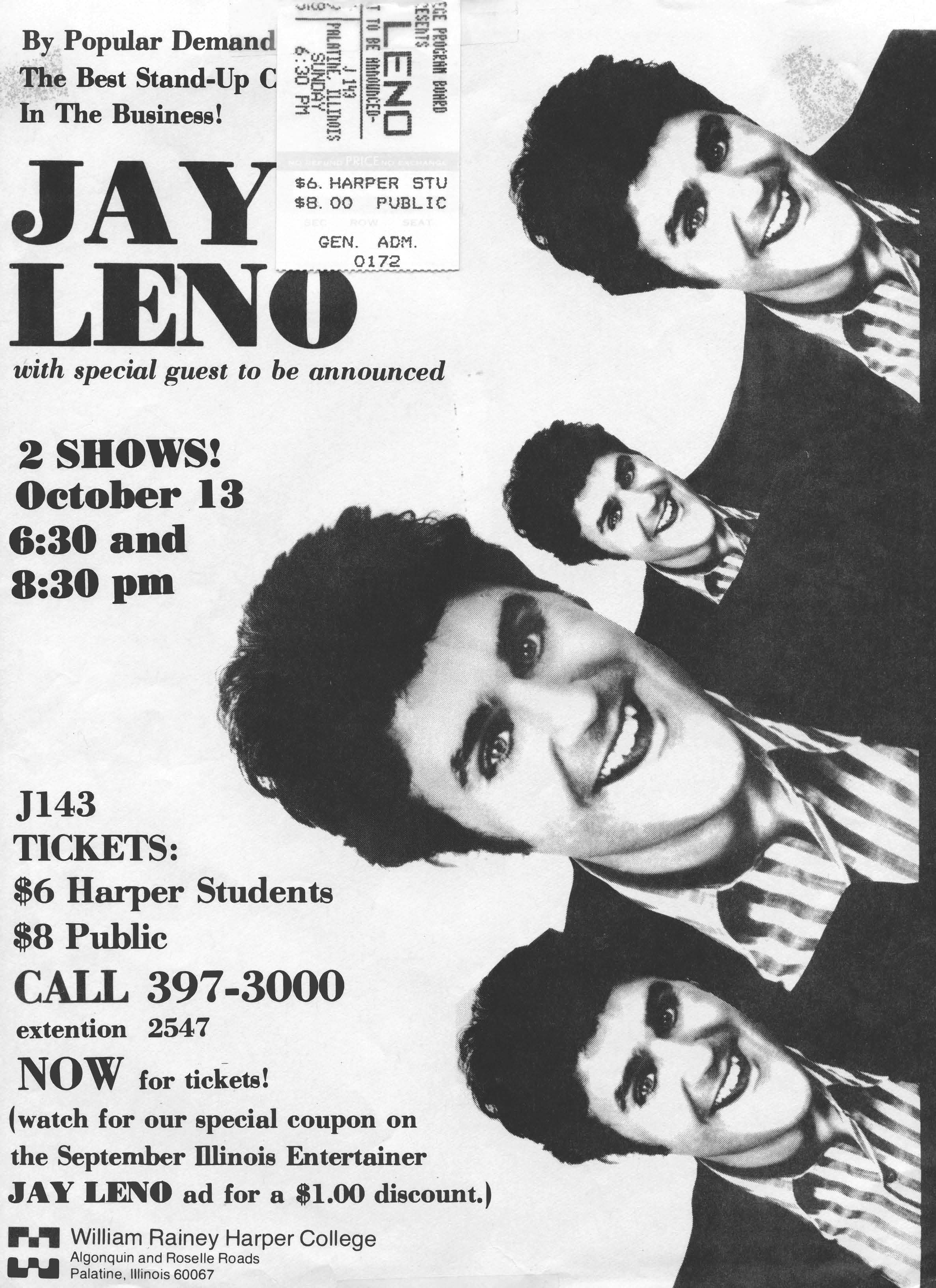 A stand-up comedy performance by Jay Leno is promoted with this poster from the 1980s