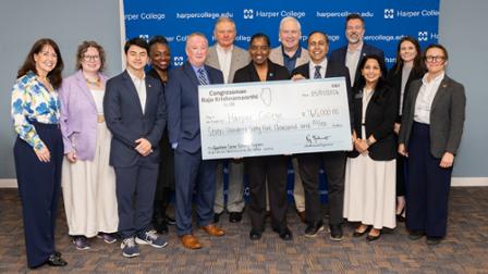 Rep. Raja Krishnamoorthi poses with Dr. Avis Proctor and leaders from Harper College and the Chicago Quantum Exhange