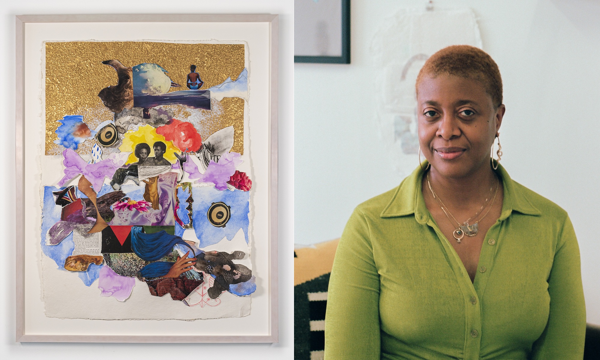 A photo of Krista Franklin's colorful multimedia collage, "I'm Dreaming the Same Thing Too," is pictured next to a photo of Krista