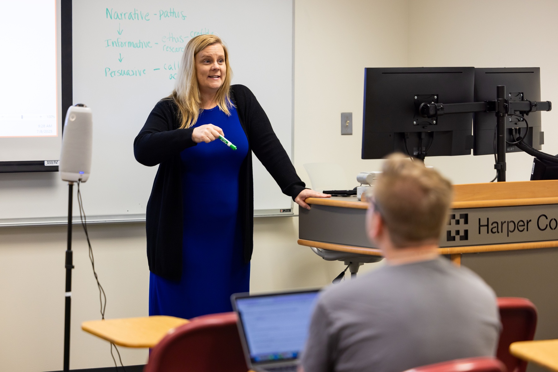 Dr. Stephanie Whalen speaks in front of a class at Harper College