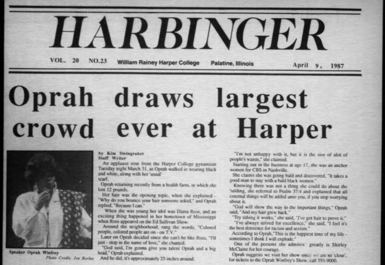 The front page of Harper College's student newspaper, "The Harbinger," with an article about Oprah Winfrey's visit to campus.