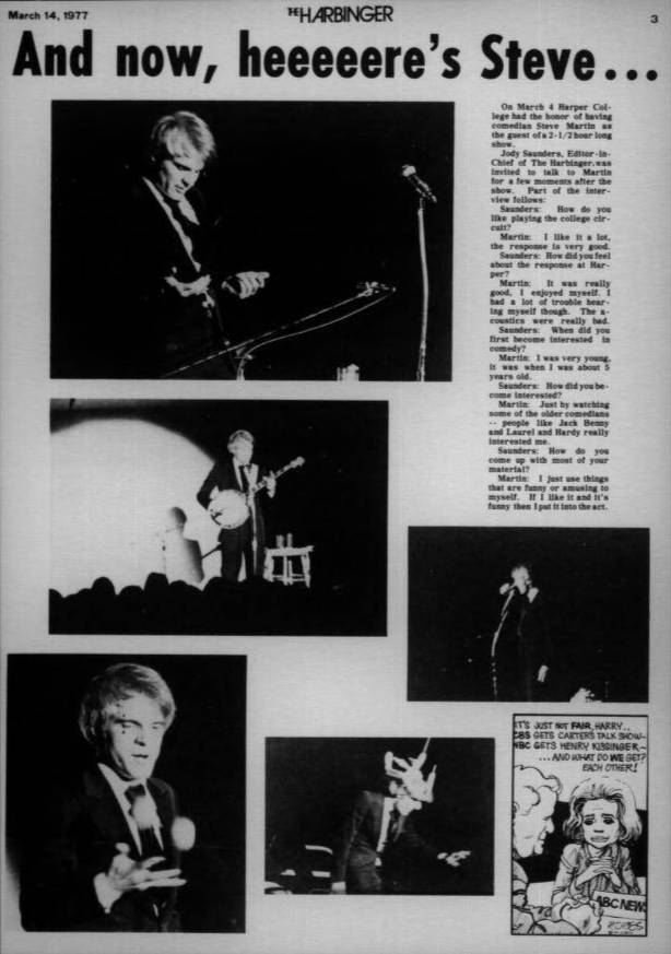 An article in "The Harbinger" details comedian Steve Martin's 1977 appearance at Harper College.