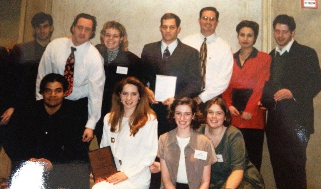 Harper College's 1997 Speech and Debate Team, including Jeff Przybylo, Jake Sadoff and Ilknur Ozgur, poses for a group photo