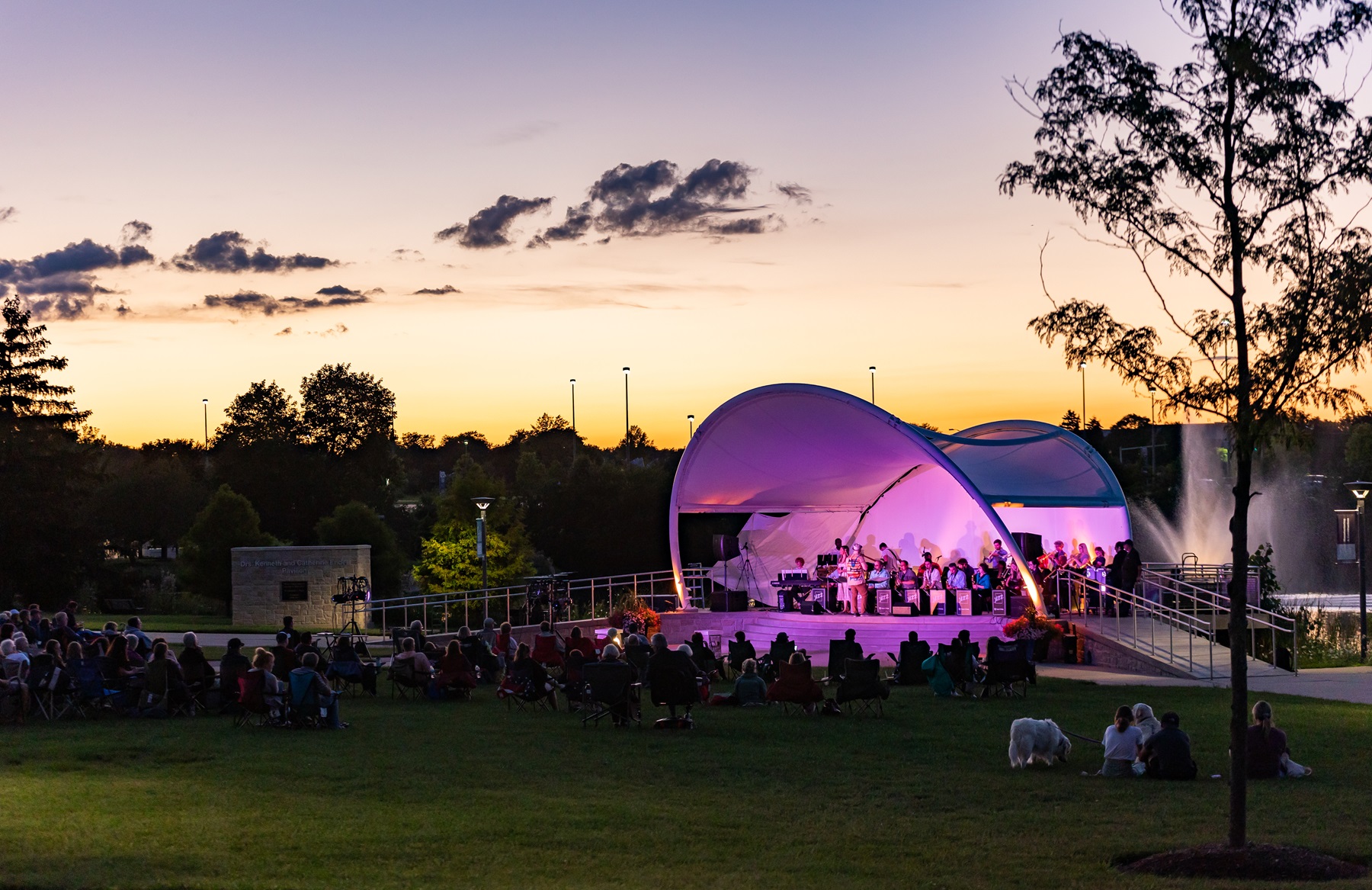 Musicians play during Harper College's Summer Concert Series in the outdoor pavilion.