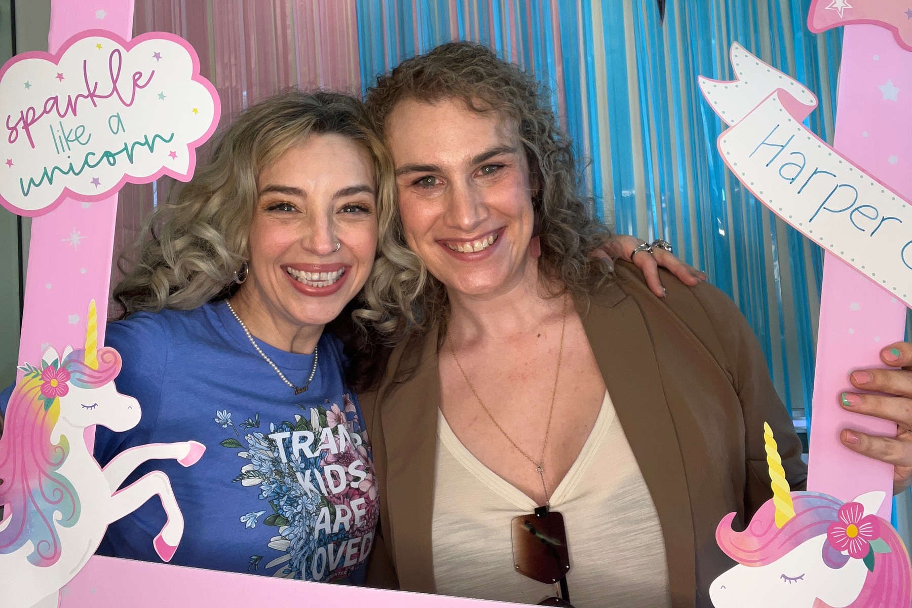 Drs. Sonnet Gabbard and Sadie Hochman-Ruiz pose for a photo during Harper College's Transgender Day of Visibility event.