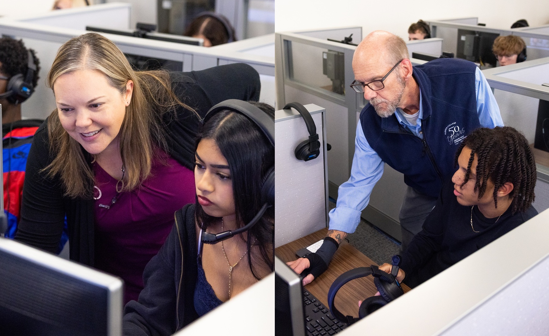 Harper professors Kim Jaeger and Richard Johnson help students on computers.