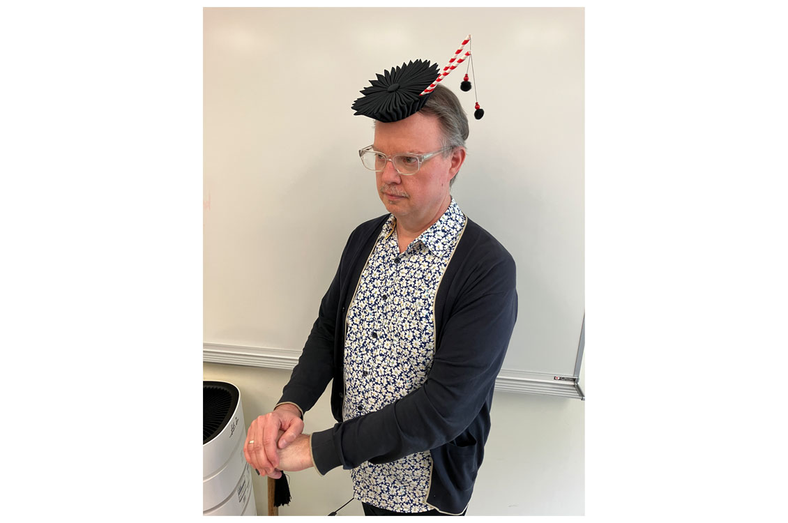 Bill Makela wearing a handmade hat.