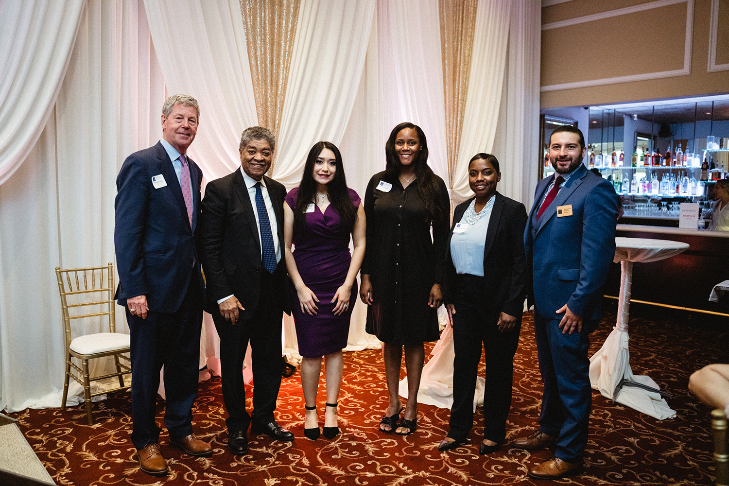 Stephen Daday, Honorable Timothy C. Evans, Paralegal Student Jennifer Machuca, Paralegal Student Daisha George, Law Student Julnasha Morehead, and NWSBA President Moe Ahmad at the Judge's Award Ceremony.