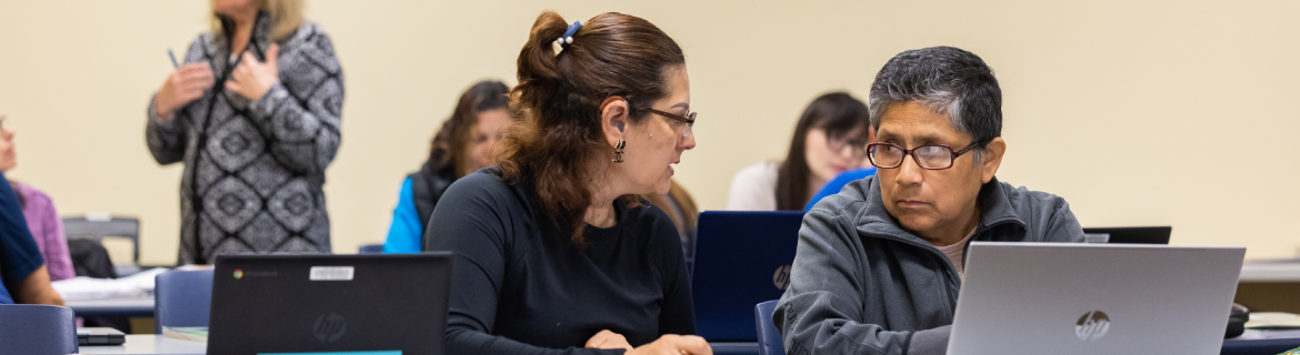An adult student getting help from a teacher.