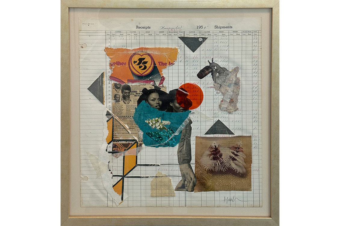 A collage of colorful shapes and pasted images from magazines on a background of receipt paper