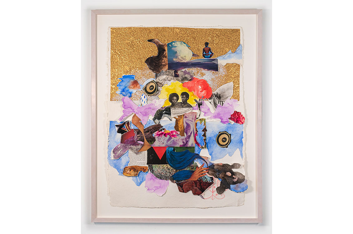 A scattered collage of cut out shapes and small images with the center focal point of a couple's picture