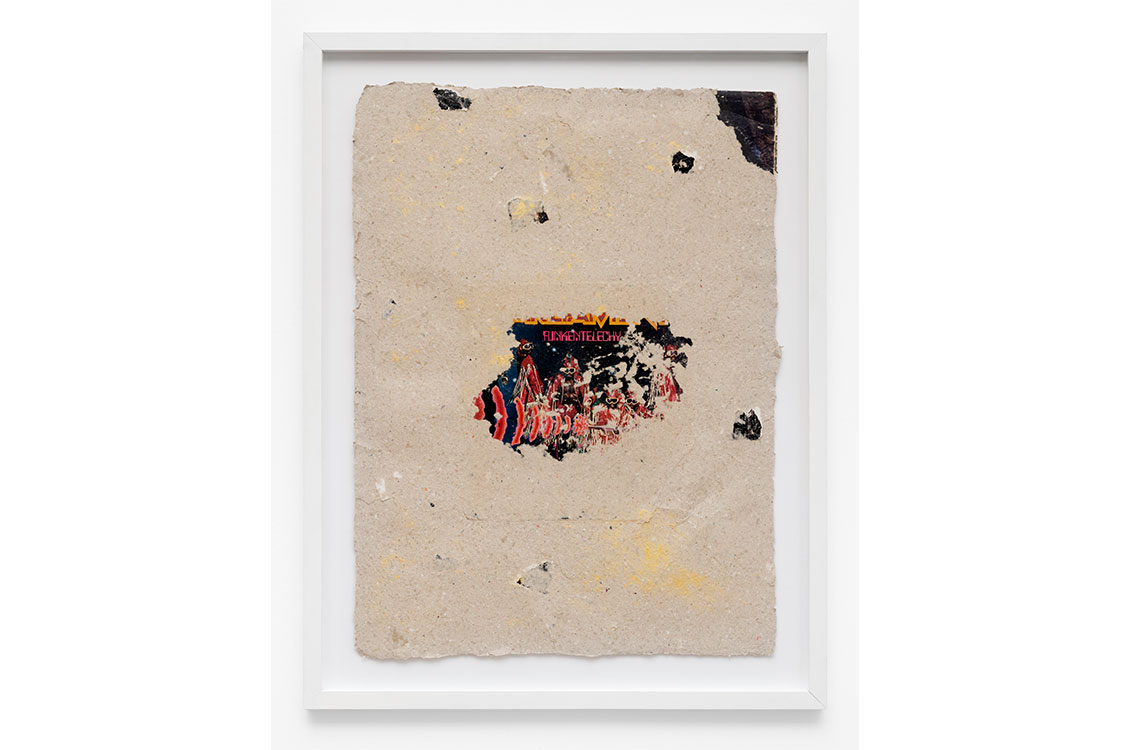 An album cover poster obscured by a layer of rough-textured paper that peels away and reveals the poster at the center